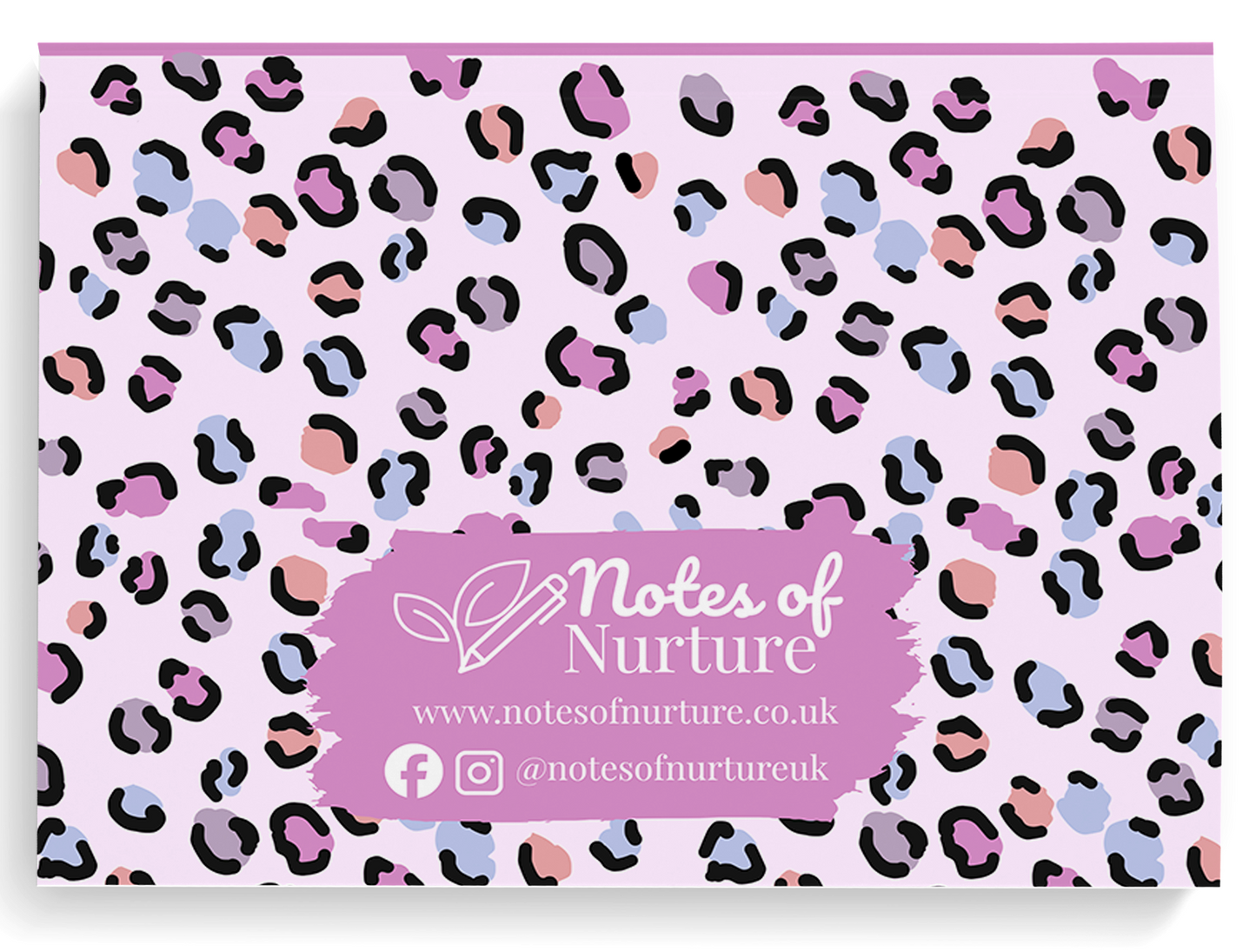 Notebook with leopard print pattern and 'Notes of Nurture' branding on a pink background
