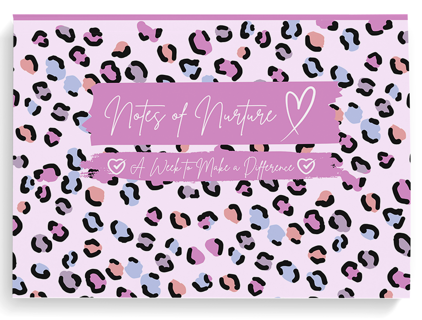 Notebook with leopard print pattern and 'Notes of Nurture' text on a pink background