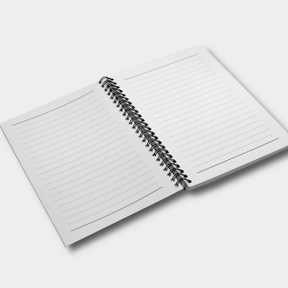Open spiral-bound notebook with lined pages on a white background