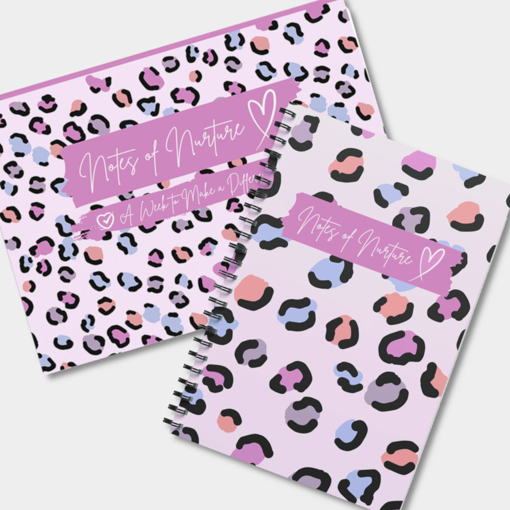 One notebook and One Weekly planner with a leopard print design and 'Notes of Nurture' label on a white background.