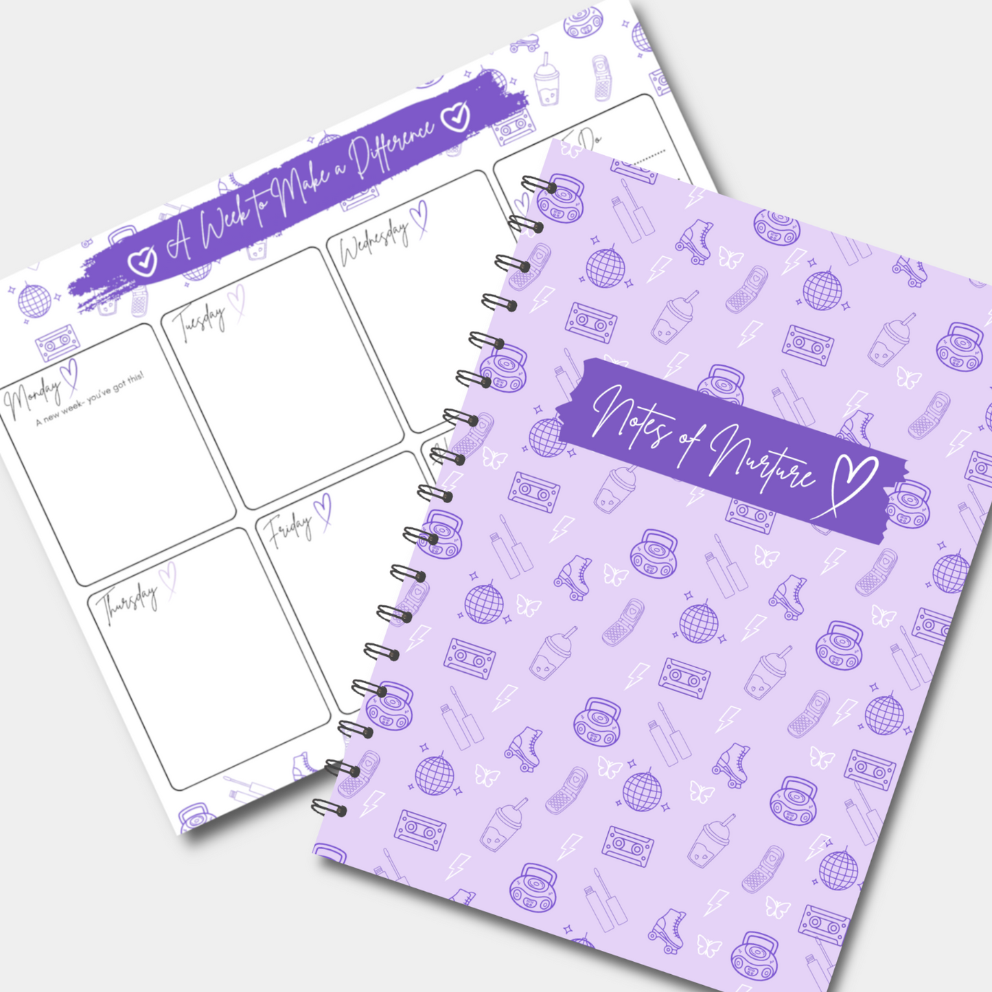 Planner and Notebook containing 90s themed design with personalised front cover. 