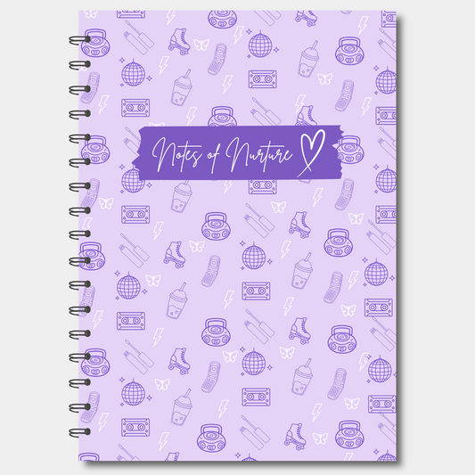 Notebook with 'Notes of Nurture' on a purple background