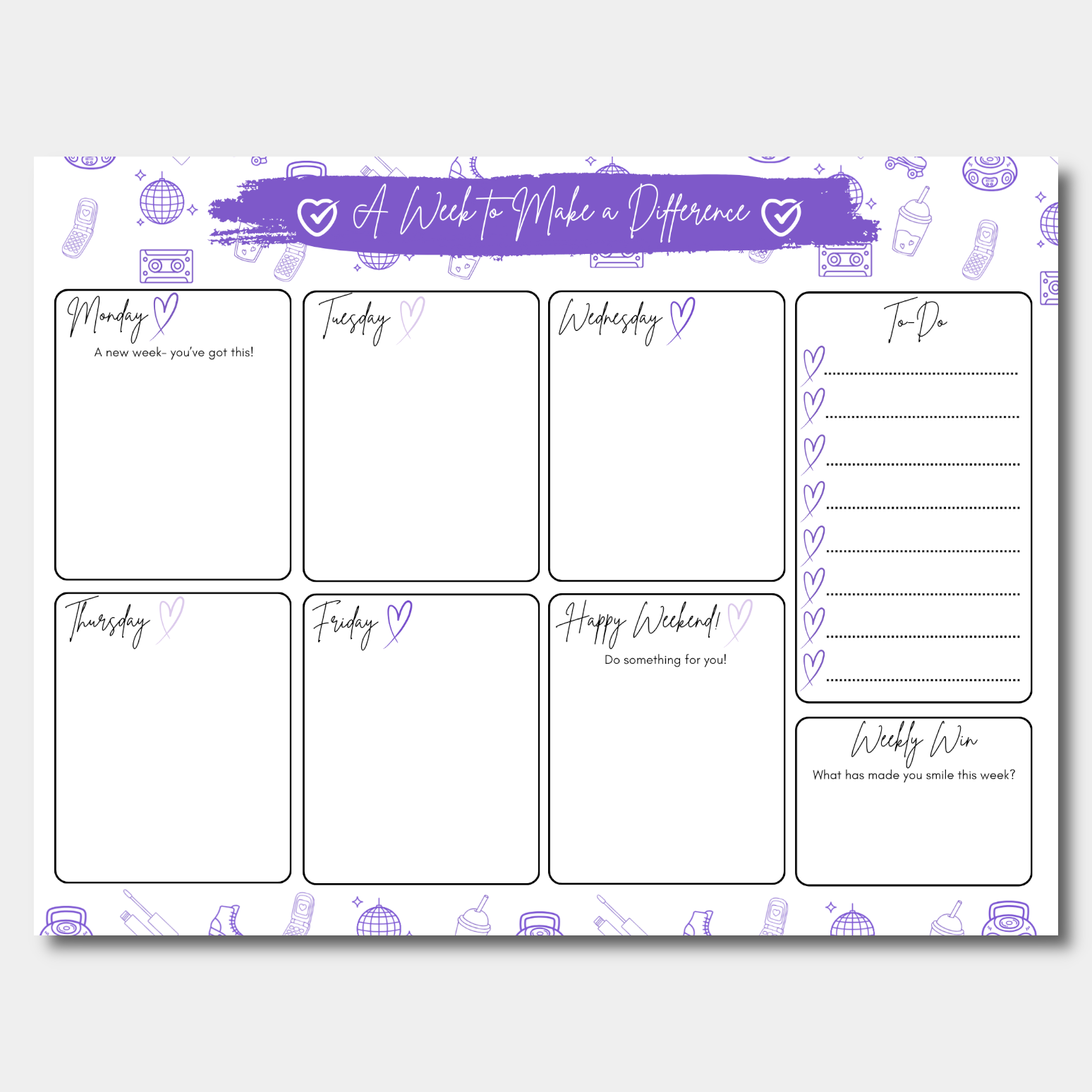 Weekly planner with days of the week and to-do list on a white background with a 90s theme design