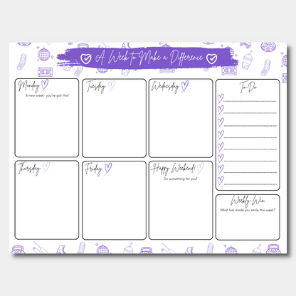 Weekly planner with days of the week and to-do list on a white background with a 90s theme design