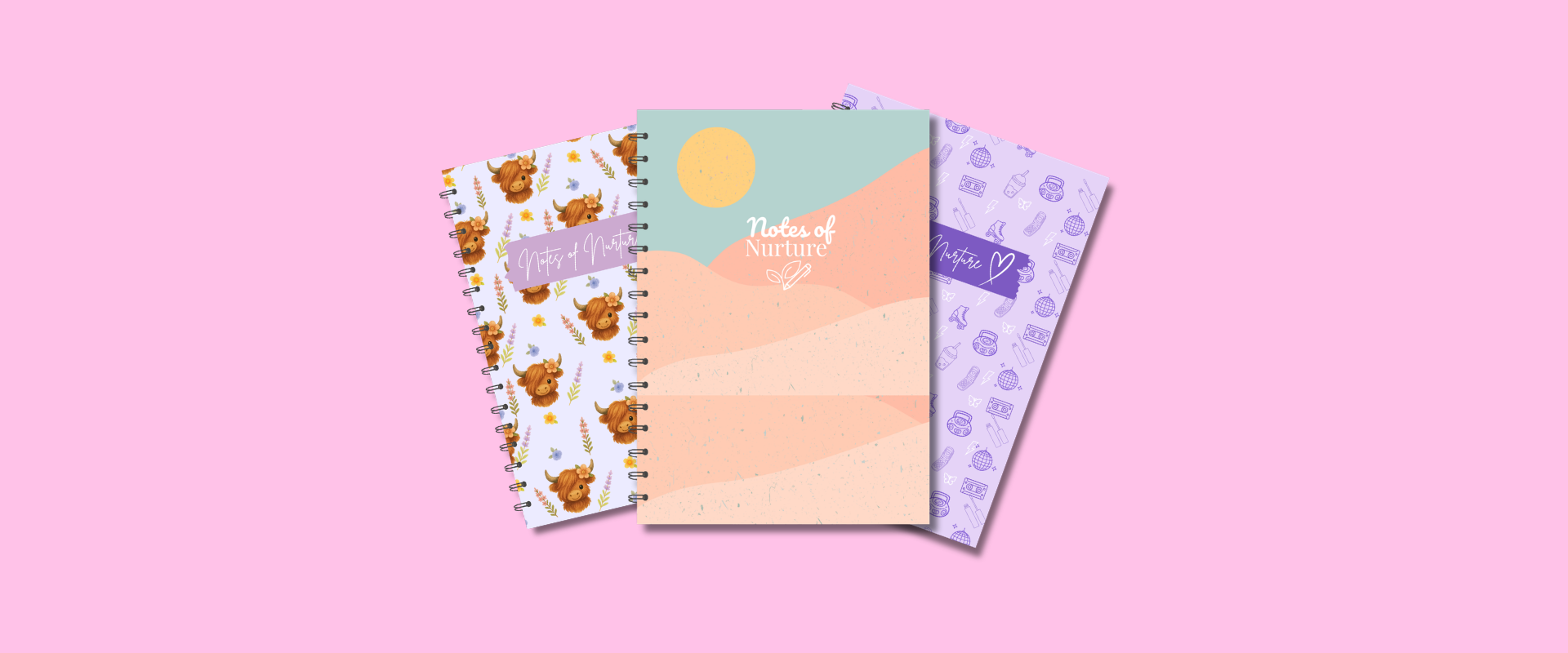 Notes of Nurture cover photo containing four notebooks with different designs on a pink background