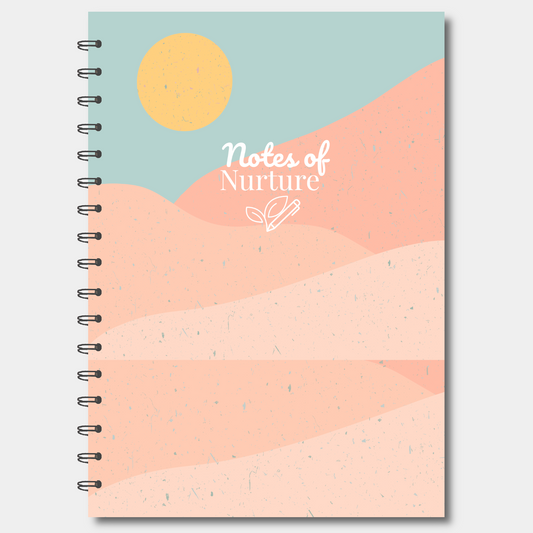 Notebook with a colorful design featuring a sun and text on a white background