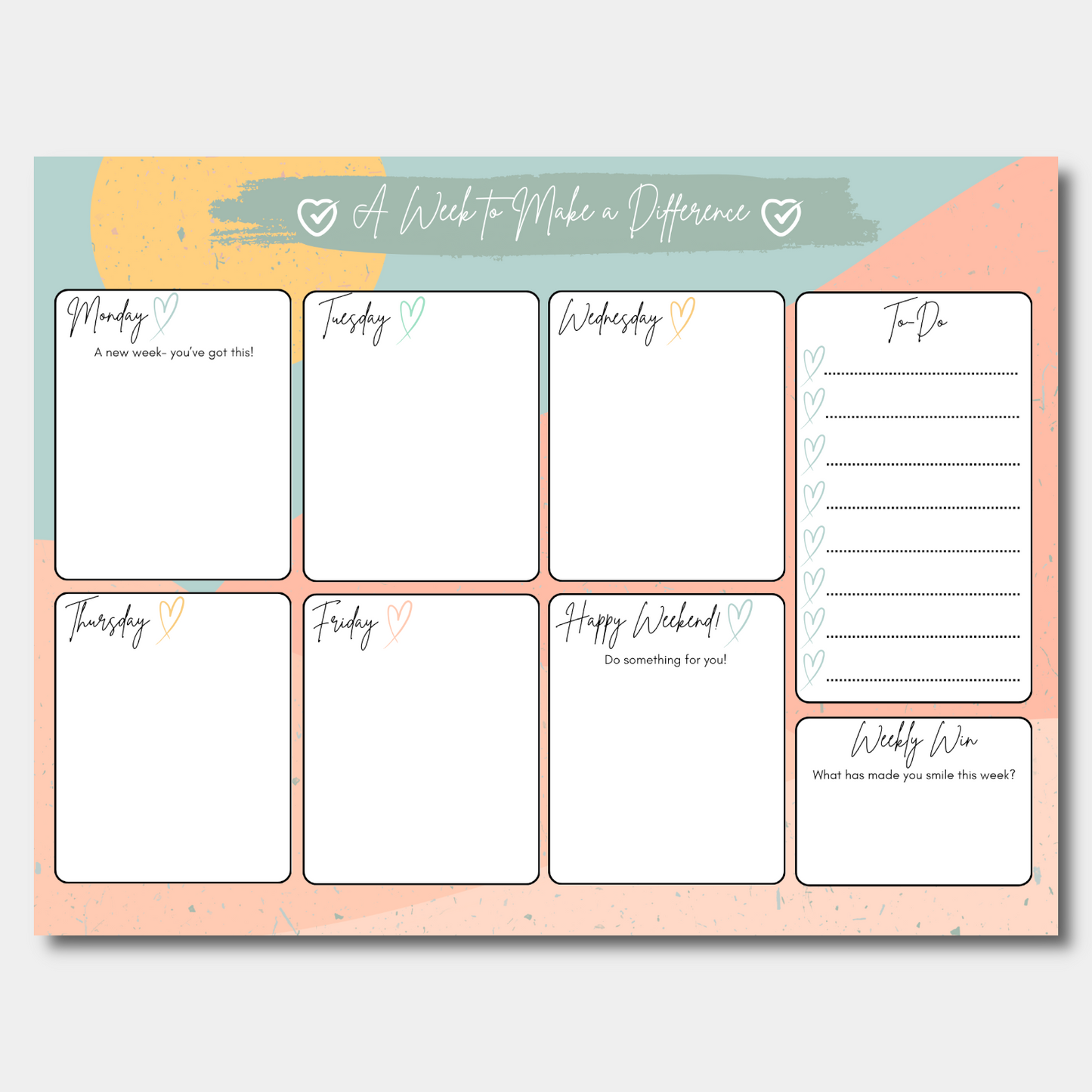 Weekly planner with days of the week and to-do list on a colourful background with a desert design