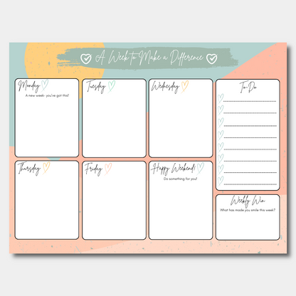 Weekly planner with days of the week and to-do list on a colourful background with a desert design