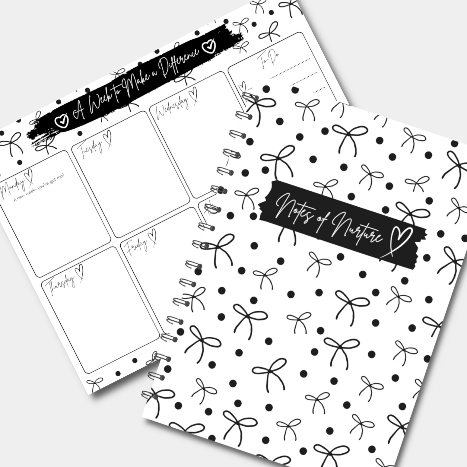 Planner and Notebook containing dots and bows with personalised front cover. 