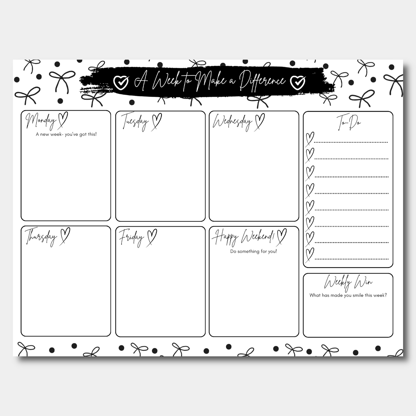 Weekly planner with days of the week and to-do list on a white background with and dot and bow design