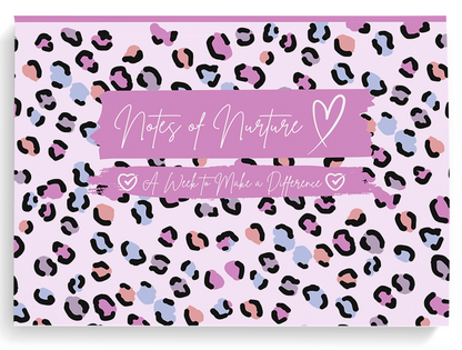 Notebook with leopard print pattern and 'Notes of Nurture' text on a pink background