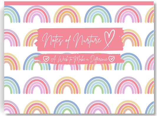 Notebook cover with rainbow pattern and 'Notes of Nurture' text