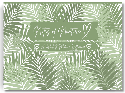 Notebook cover with palm leaf pattern and 'Notes of Nurture' text