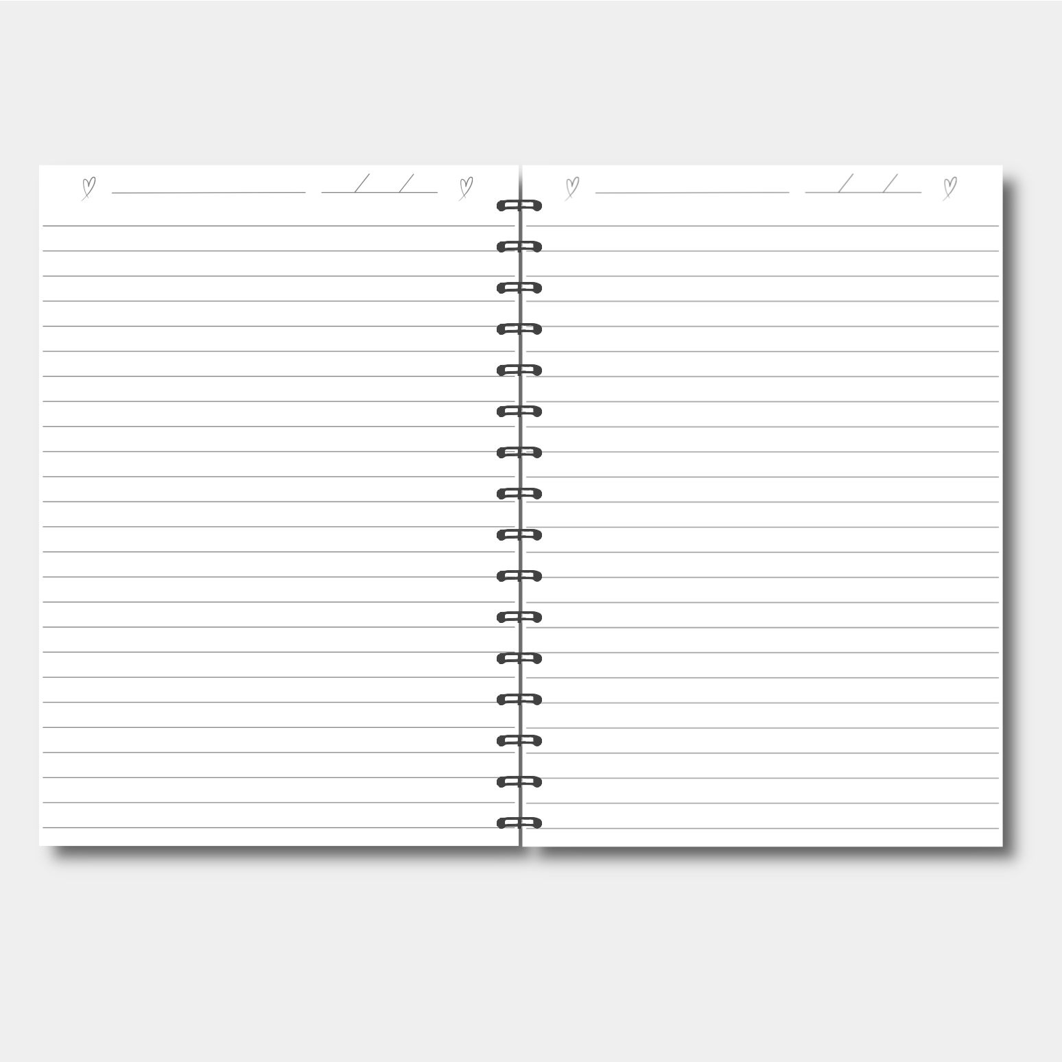 Spiral-bound notebook with lined pages on a light gray background