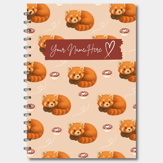 Notebook with red panda pattern and customizable name space on beige background