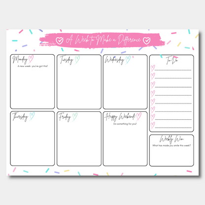Weekly planner sheet with days of the week and to-do list on a white background