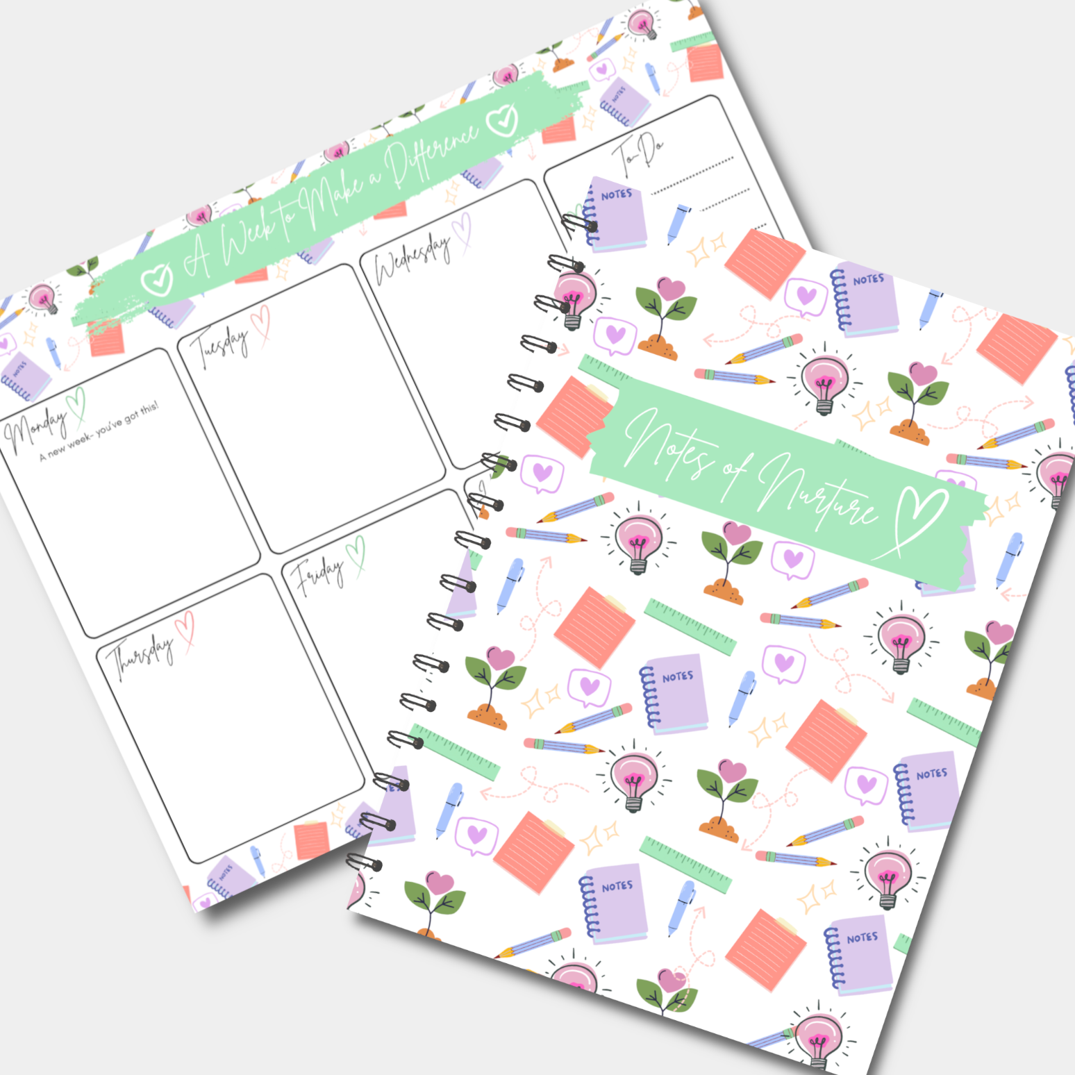 Stationery design, containing a weekly planner and notebook bundle.