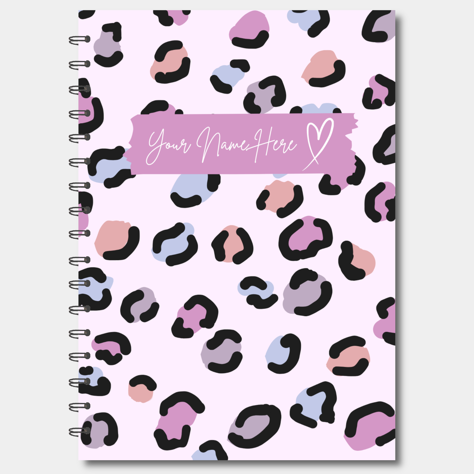 Personalised Notebook with pink and black leopard print pattern on a light pink background