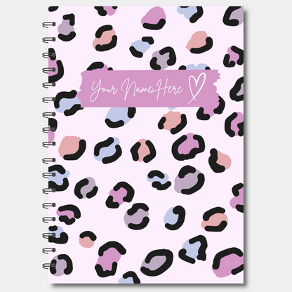 Personalised Notebook with pink and black leopard print pattern on a light pink background