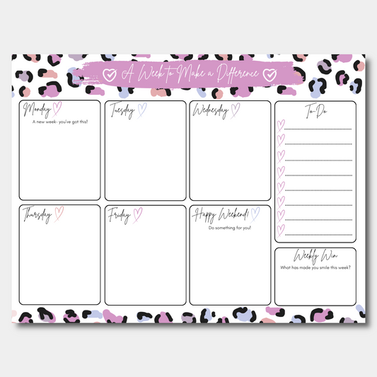 Weekly planner with leopard print border and motivational phrases